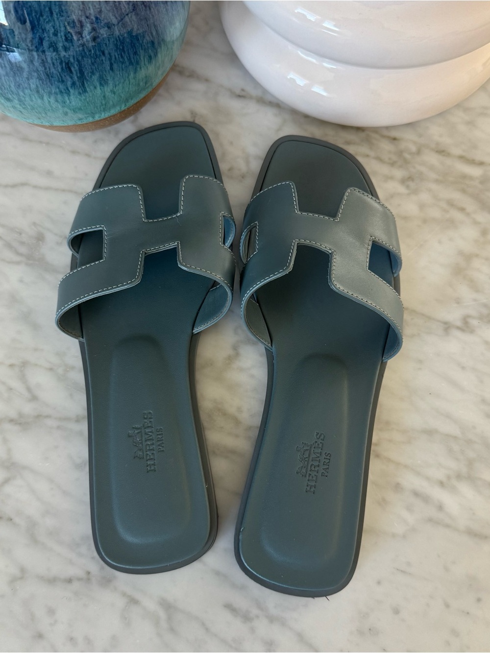 Hermes Women’s Oran Slide Sandals in Bleu Pinede - Picture 6 of 6